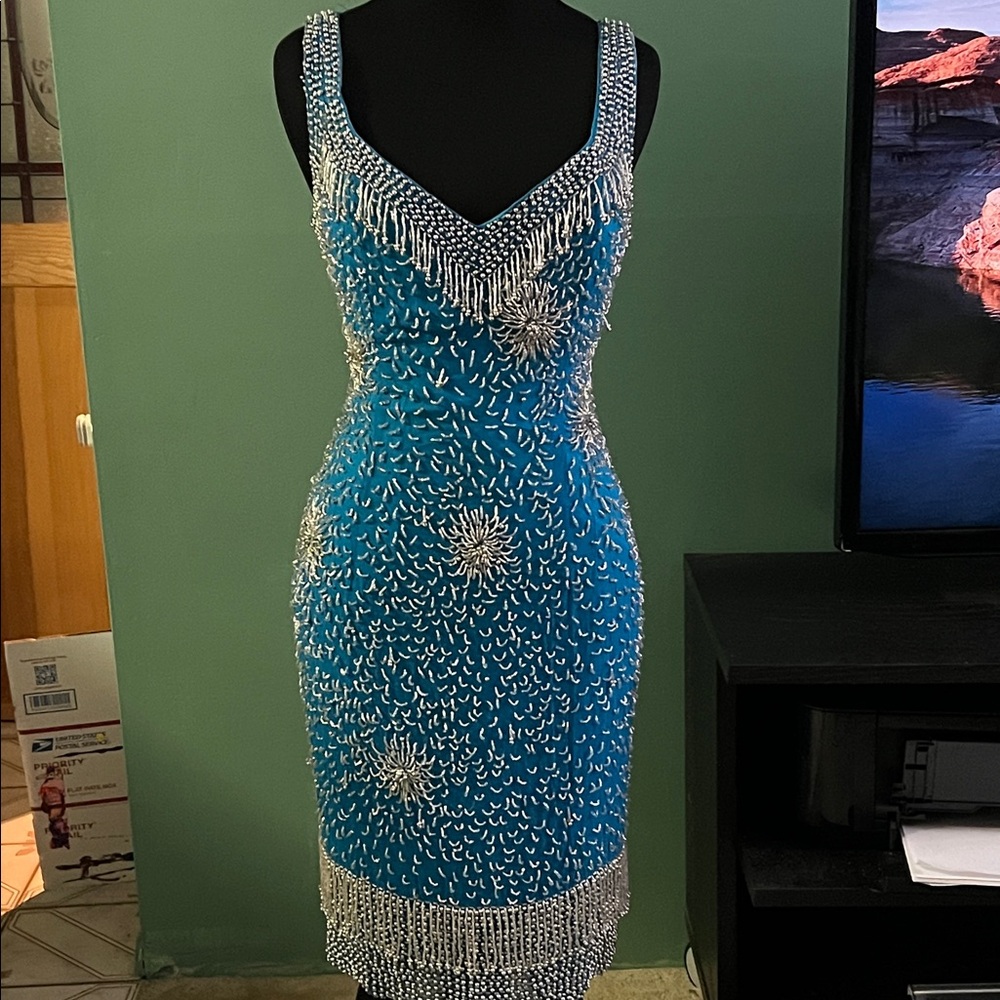 Blue Beaded Dress with Silver Accents